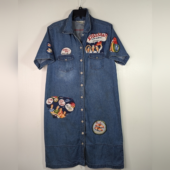 Denim Dress L Embellished Sushi Patches Upcycled - Picture 10 of 10